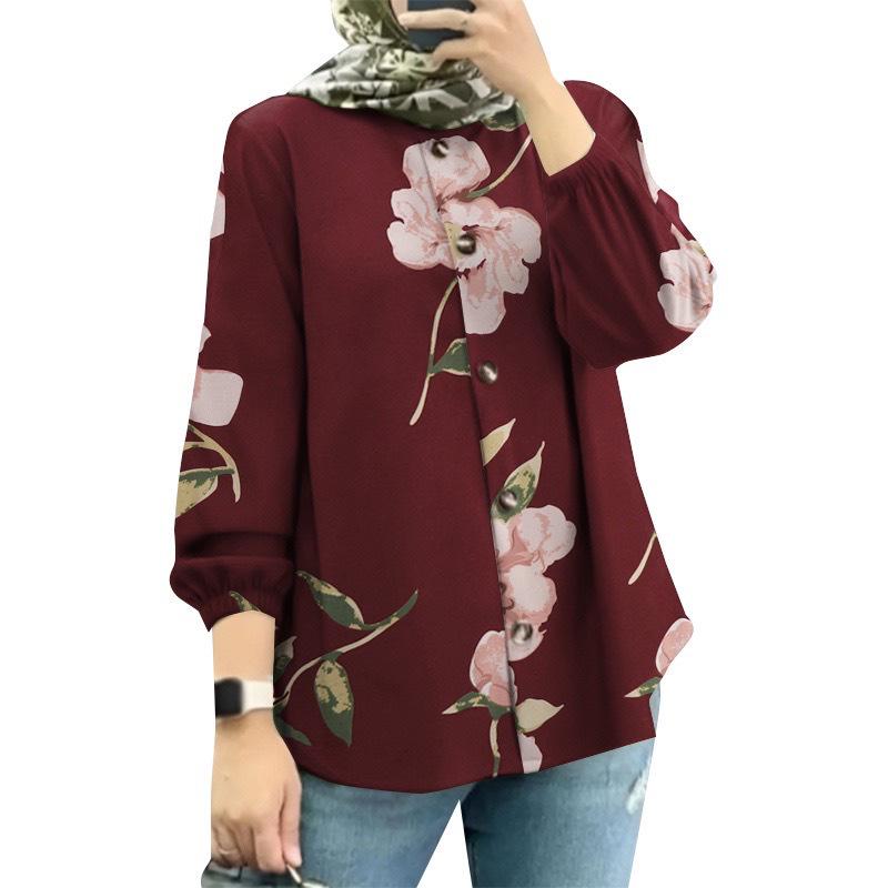 

Новая женская мусульманская блузка с цветочным принтом и пышными рукавами - Доступна на Ближнем Востоке и в Малайзии XL вино красного