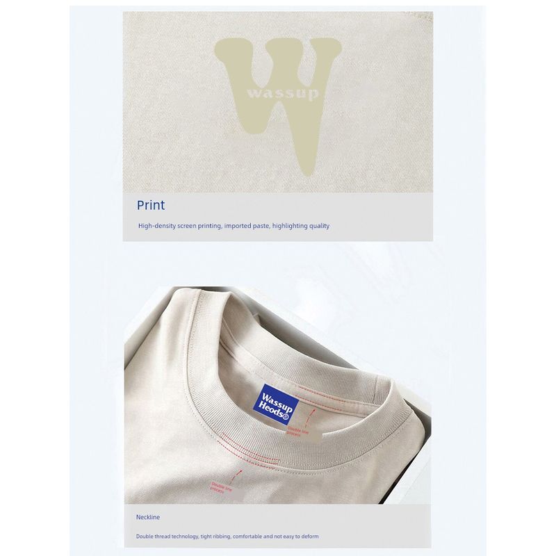 Wassup Heods Short-Sleeved T-Shirt with Round Neck, Summer Trendy Printed Pure Cotton Heavyweight American Casual Loose Fit for Men and Women