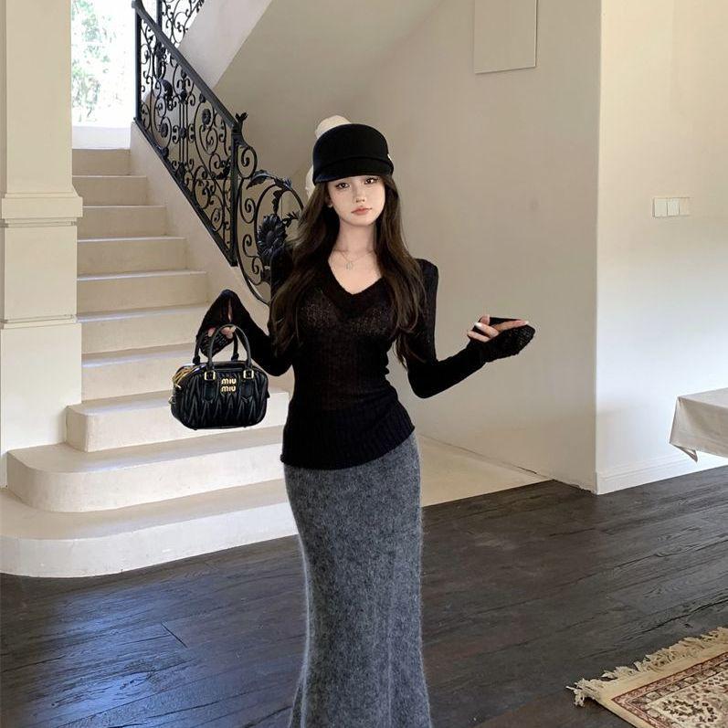 Pure Desire Vibe Sexy V-Ausschnitt Damen Strickoberteil mit ausgestellten Ärmeln - Herbst Winter Y2K Stil Pullover