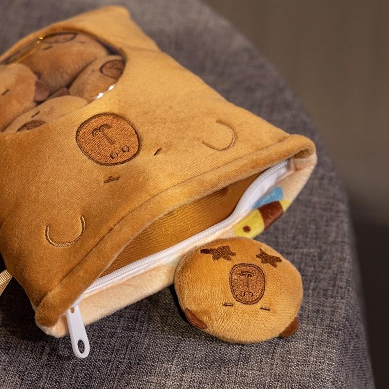 Capybara Snack Bag Plush, Removable Stuffed Animals with 4 Mini Capybara Stuffed Animals Kawaii Pudding Pillow Plush Decor for K