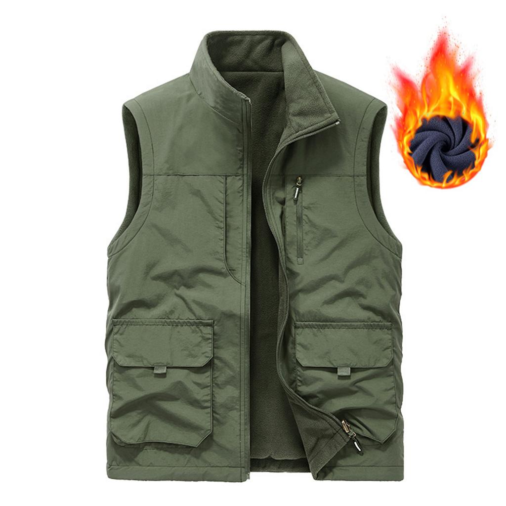 Mens Winter Fleece Cargo Vest Outdoor Multi Pocket Sleeveless Jacket Warm Thick Work Waistcoat