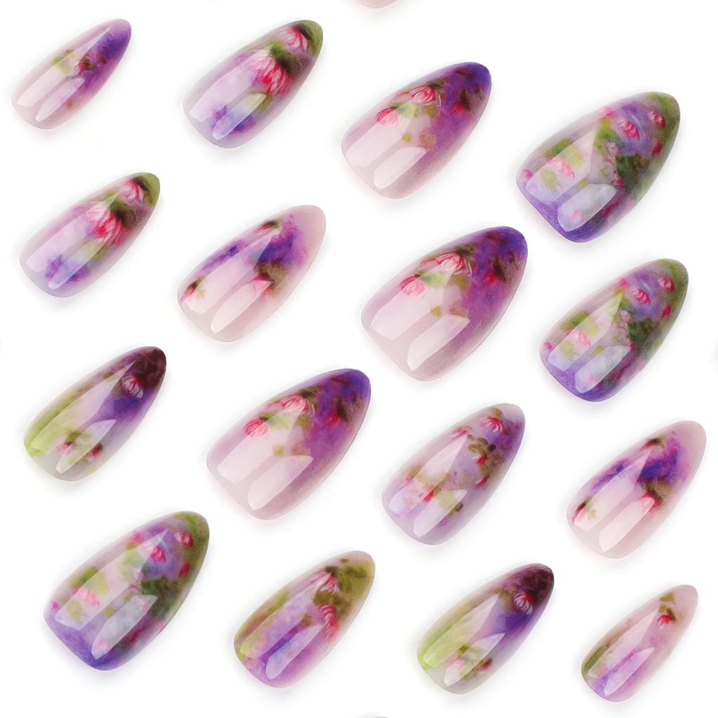 24 Pieces Summer New Products Wear Nail Lotus Smudge Nail Art Short Almond Fake Nails Fake Nails