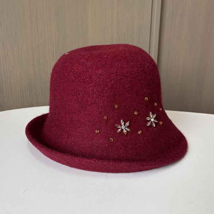 Retro Small Fragrant Style Fashion Wool Bucket Hat Women Autumn And Winter Warm Foldable Basin Hat Rhinestone Elegant Top Hat