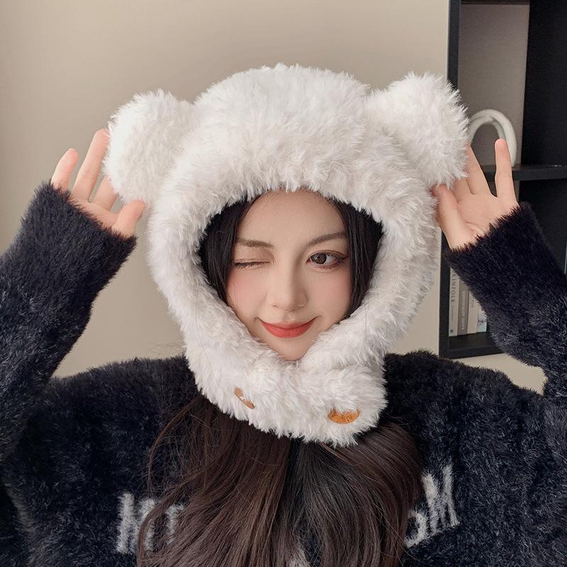 Plush Balaclava Hat for Women In Autumn and Winter Big Head Circumference Warm Hat for Women Bear Ear Knitted Ear Protection Lei Feng Hat