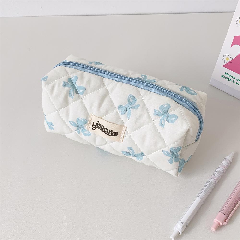 INS Style Korean Cream Bow Cosmetic Bag Sweet Style Student Large Capacity Makeup Tool Buggy Bag Portable Pencil Stationery Case