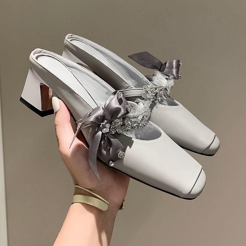 

Туфли-полусапожки на высоком каблуке, женские новые, для улицы, с бантом, Мэри Джейн, на толстом каблуке, с квадратным носком, нишевые, полусабо 40 серый
