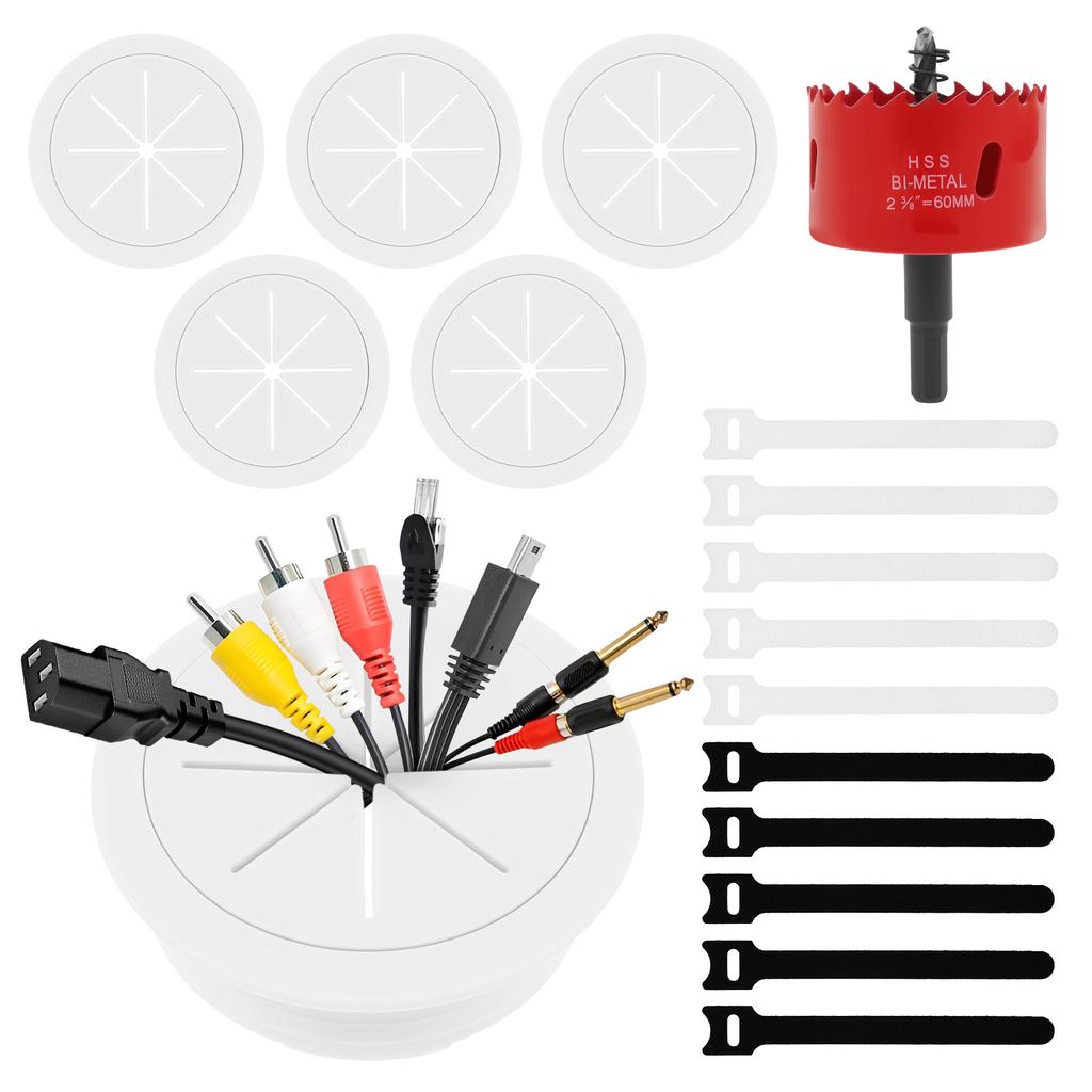 1 Set Desk Grommet 2-3/8" Hole Saw Desk Hole Cover with 10 Magic Cable Tie Cable Grommet Desk Cord Hole Cover for TV Cabinet