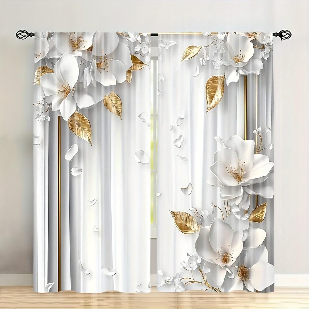 

2 шт. Элегантные полиэстеровые шторы с цветочным рисунком и золотыми листьями, пропускающие свет, с кулиской для карниза, для гостиной, спальни, кухни и ванной комнаты 53x116cm(2pcs)