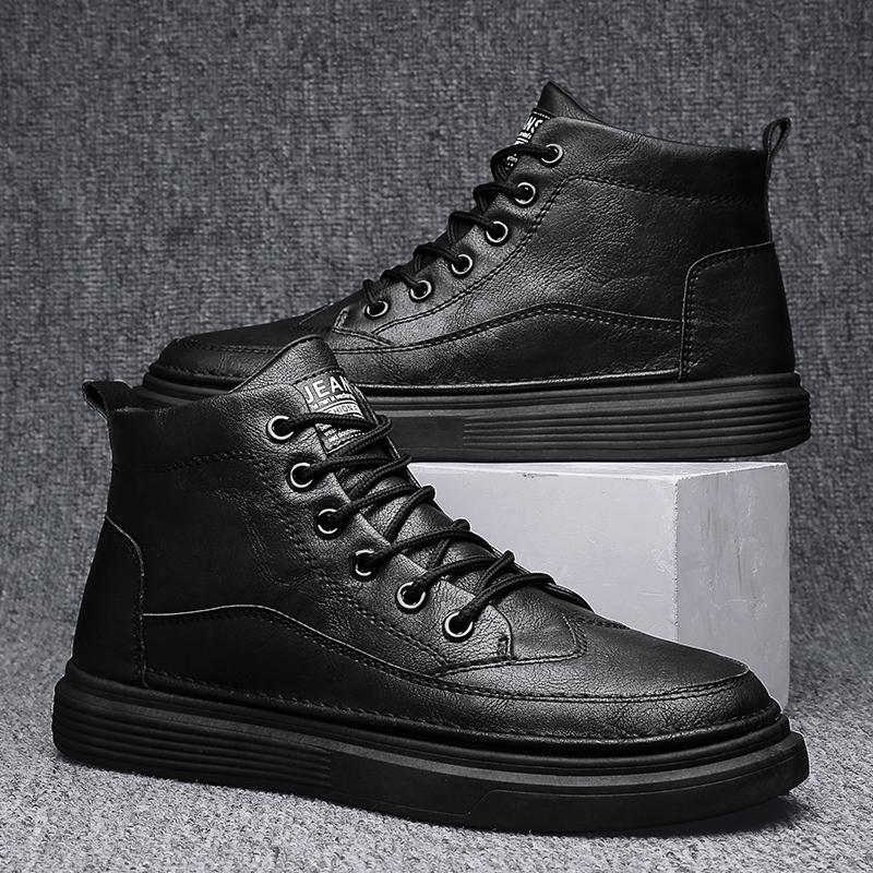 High Quality Leather Men Casual Shoes Fashion High Top Board Shoes Comfortable Lace-up Work Boots Lightweight Walking Sneakers