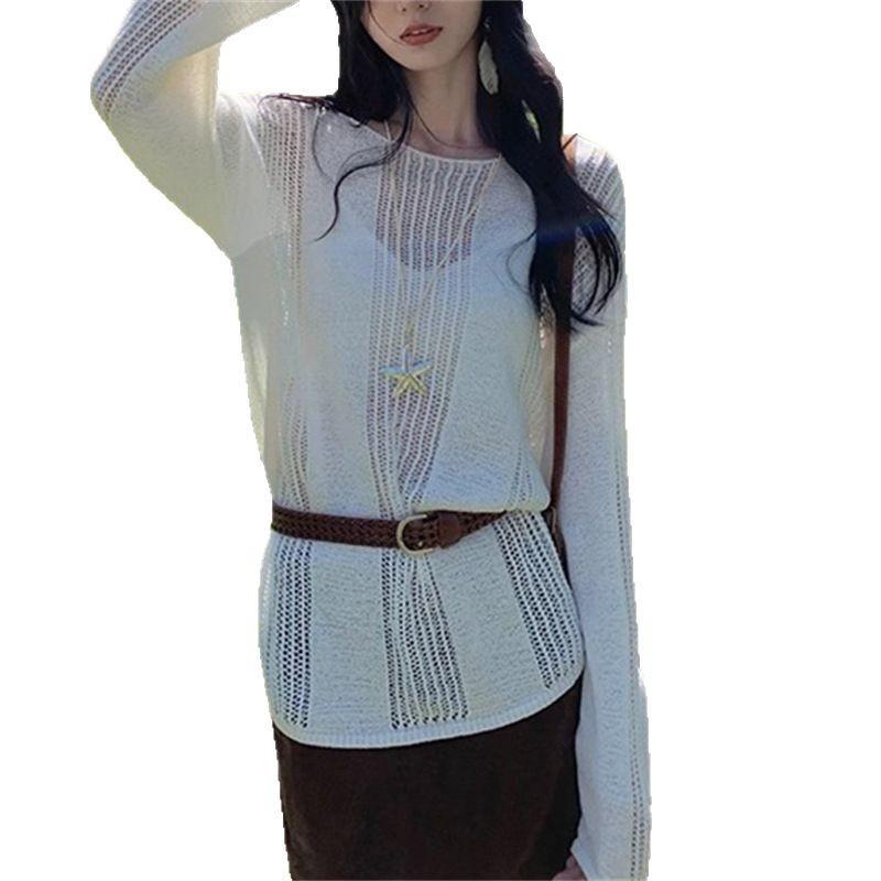 Spring and summer one-word collar design sense hollow long-sleeved knitted sweater women's thin loose lazy blouse high-end top