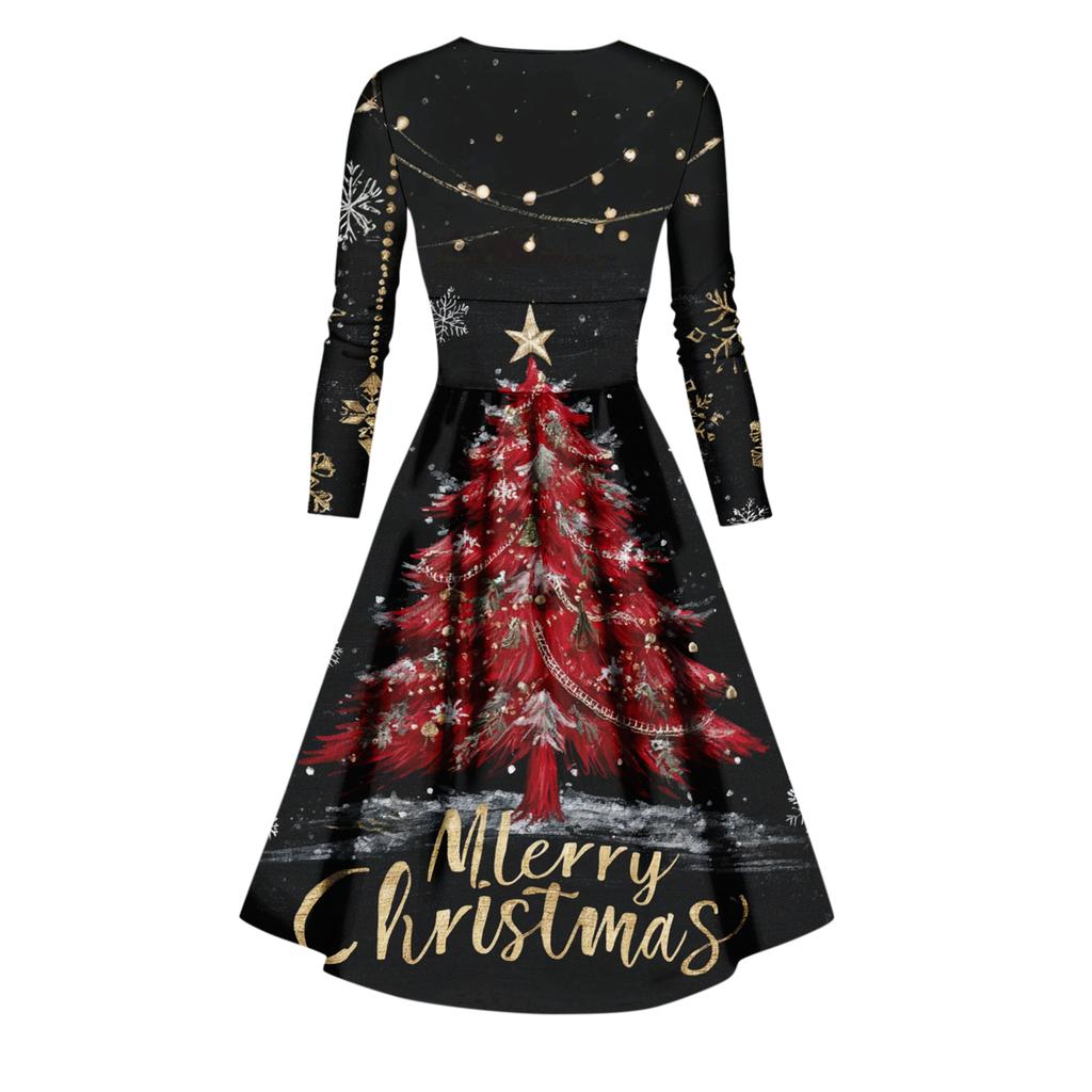Ladies' Casual And Fashionable Christmas Tree Print Long Sleeved V-neck Sexy Pocket Dress