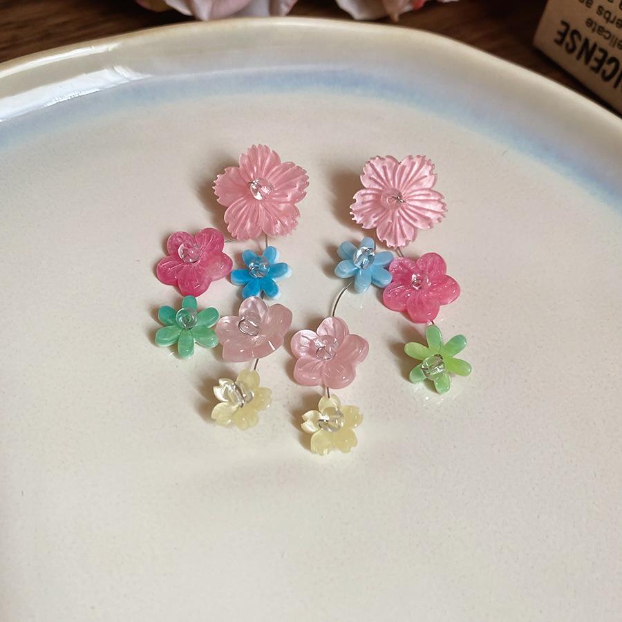 Silver Needle Pink Flower Fringed Vacation Style Earrings Summer Sweet Delicate Stud Earrings Small Fresh Design Earrings Women