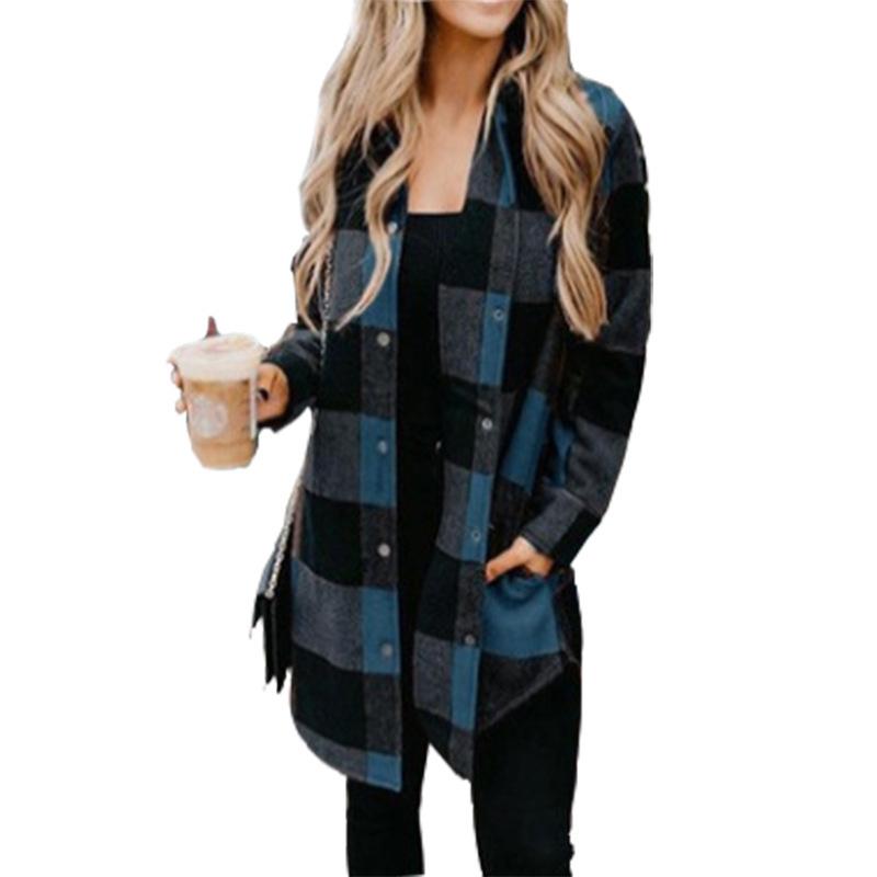 

Women s Autumn and Winter Long Sleeve Lapel Mid-length Plaid Shirt Clothes Sale S синій