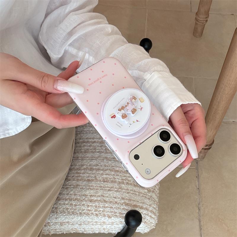 Pink Polka Dot Little Bear Magnetic Phone Case for iPhone 17, Apple 16 Pro Max, 15, 14 - Girly Design