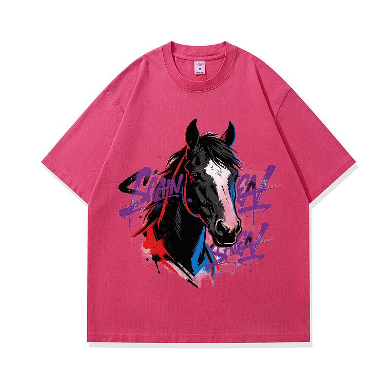 Digital Printing American Retro Horse Pattern Loose Short-Sleeved T-Shirt Digital Direct Injection Printing Custom