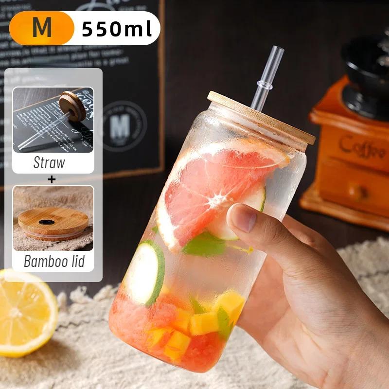 Drinking Cup Glasses with Bamboo Lid Juice Glass Straws Beer MugIce Coffee Mugs Cute Glasses Beer Jars Glasses Brush Drinkware