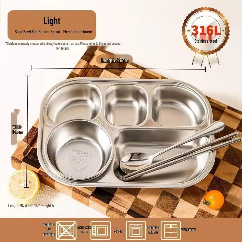 HANDUNYOU 316L Stainless Steel 5-Compartment Dining Tray Set