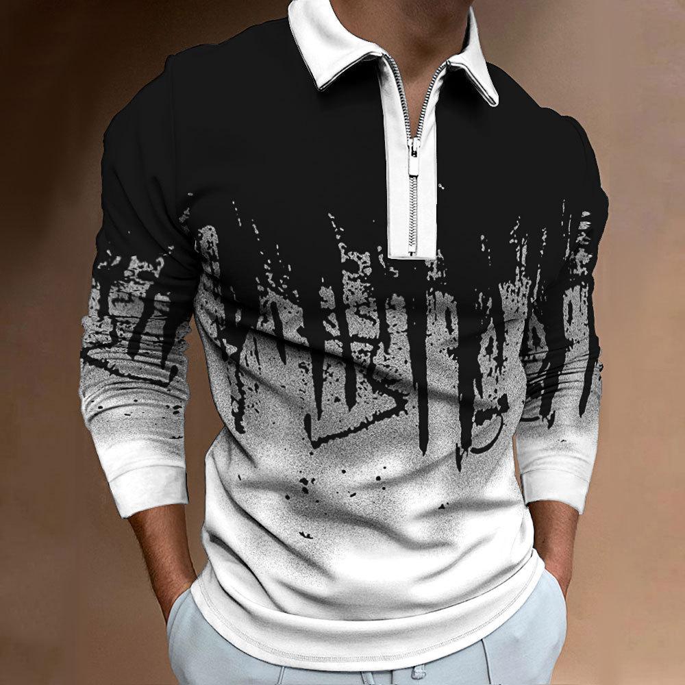 Men's Sweatshirt Zip Casual Slim Men's Stripe Digital Print Long Sleeve Polo Top