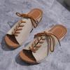 2024 Summer New Slope Heel Color Block Knitted Slippers for Women's Large Grass Knitted Lace Up Heightening Women's Thick Sole Simple Sandals