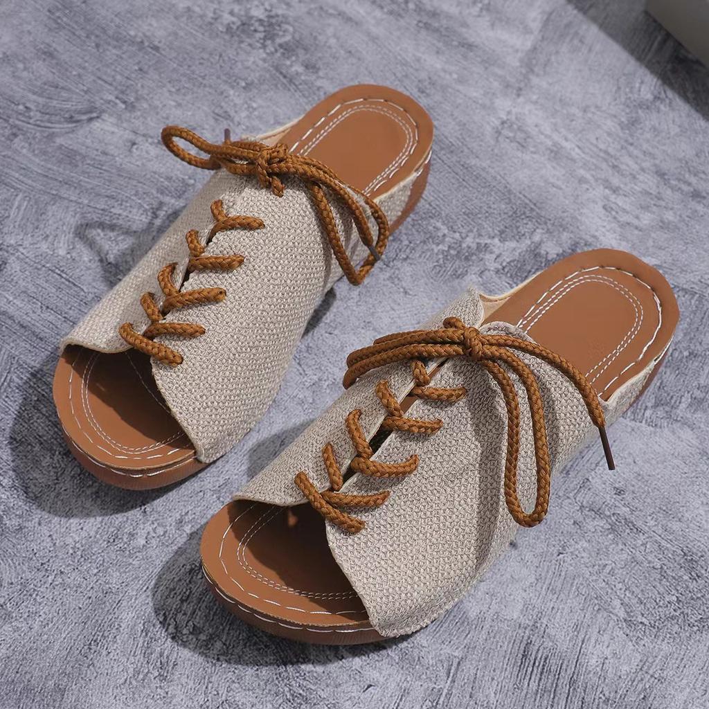 2024 Summer New Slope Heel Color Block Knitted Slippers for Women's Large Grass Knitted Lace Up Heightening Women's Thick Sole Simple Sandals