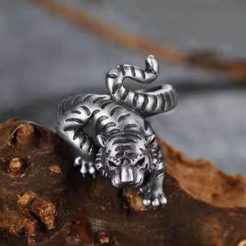 Adjustable Vintage Tiger Ring Men Women Copper Silver-Plated Open Band Zodiac Animal Jewelry
