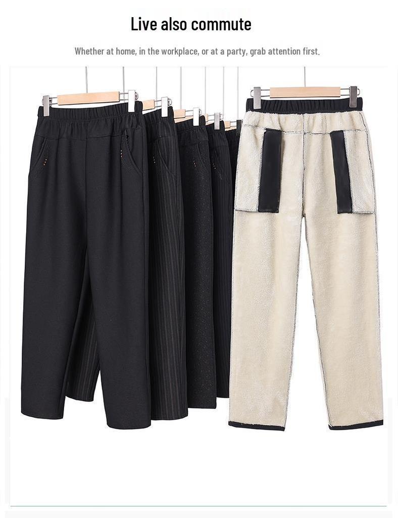 Women's Plus Size Warm Fleece-Lined Straight-Leg Pants for Autumn and Winter