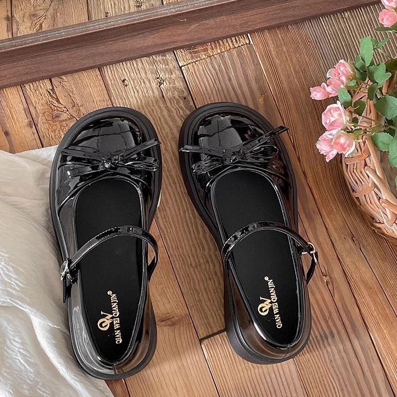 SSBL] Retro bow round head platform small leather shoes women's new skirt Mary Jane shoes