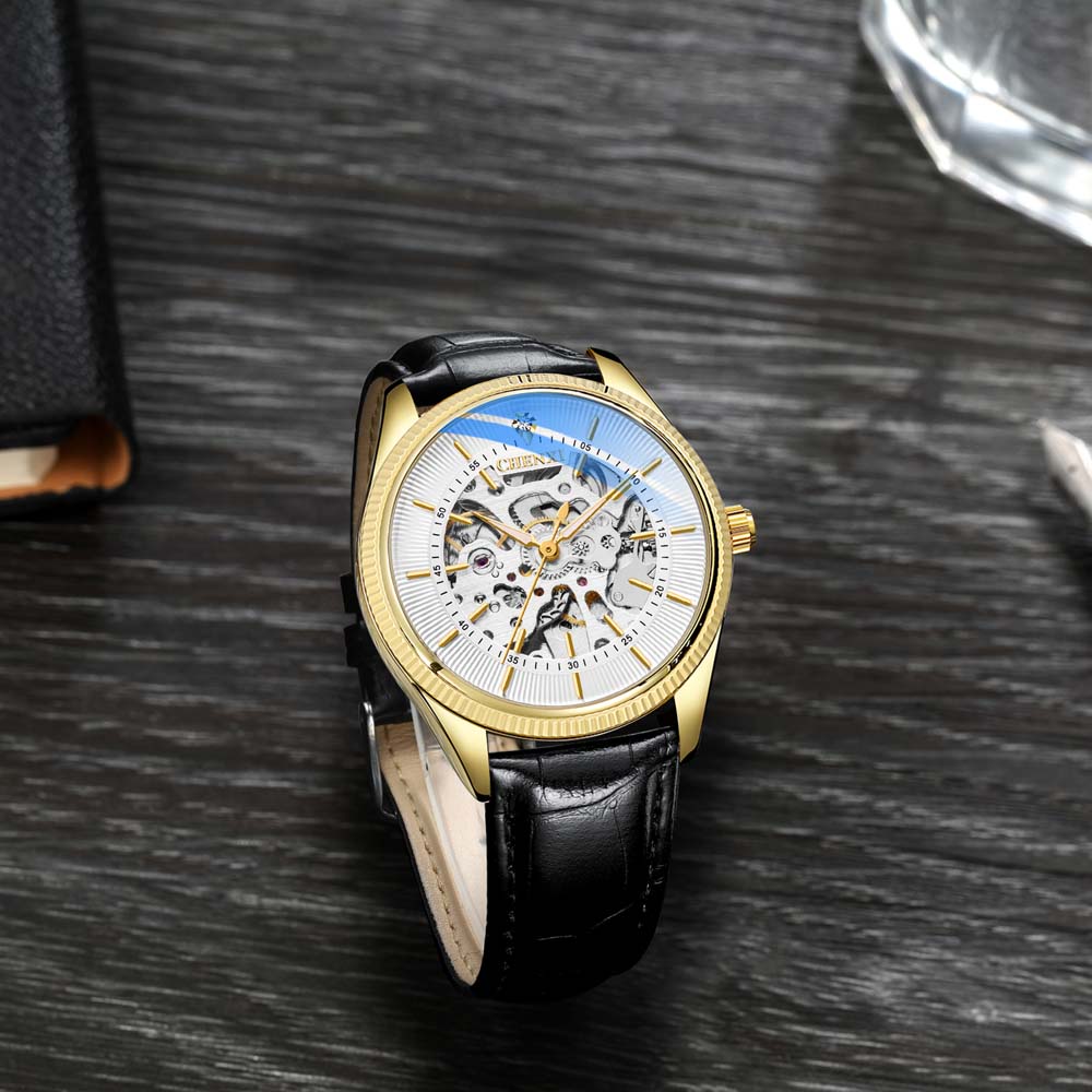 CHENXI Men's Mechanical Watches Automatic Skeleton Men's Watch Minimalist Business Style with Leather Strap Relojes Para Hombres