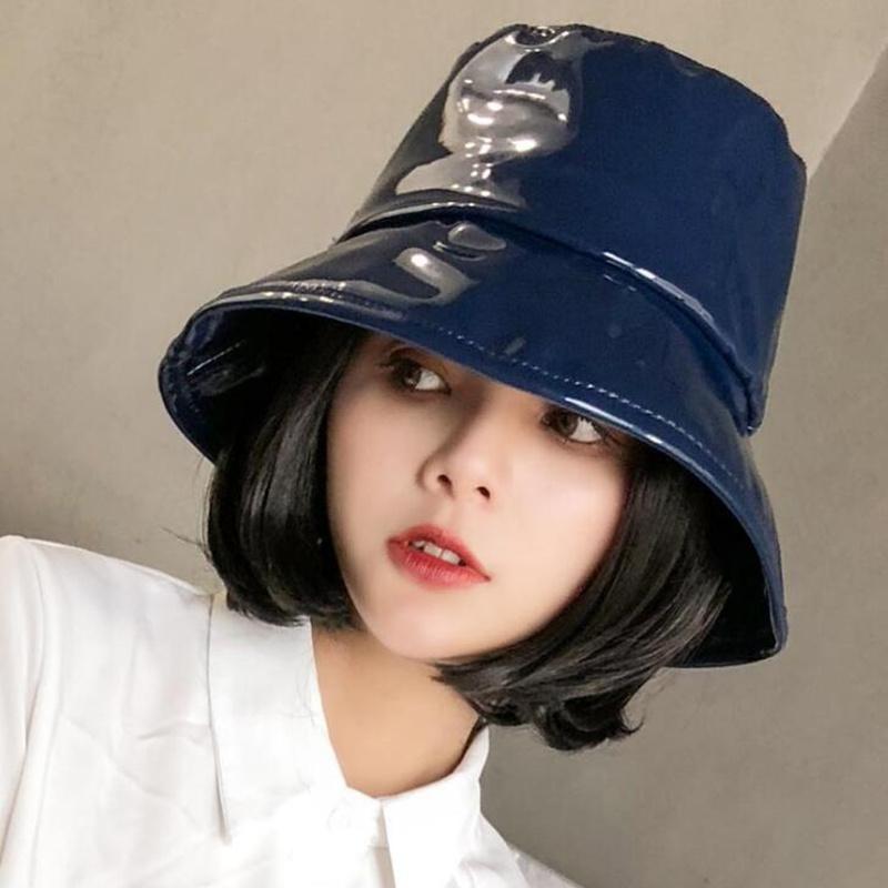 Women Hiphop Hat PU Leather Hat Reversible Bucket Caps Solid Colors Female Gorros