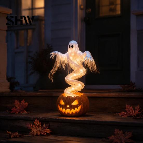 Illuminated Ghost Patio Ornaments Halloween Swirling Pumpkin Yard Lamp, Lighted Spooky Autumn Decor Statue, Warm LED Outdoor Decoration for