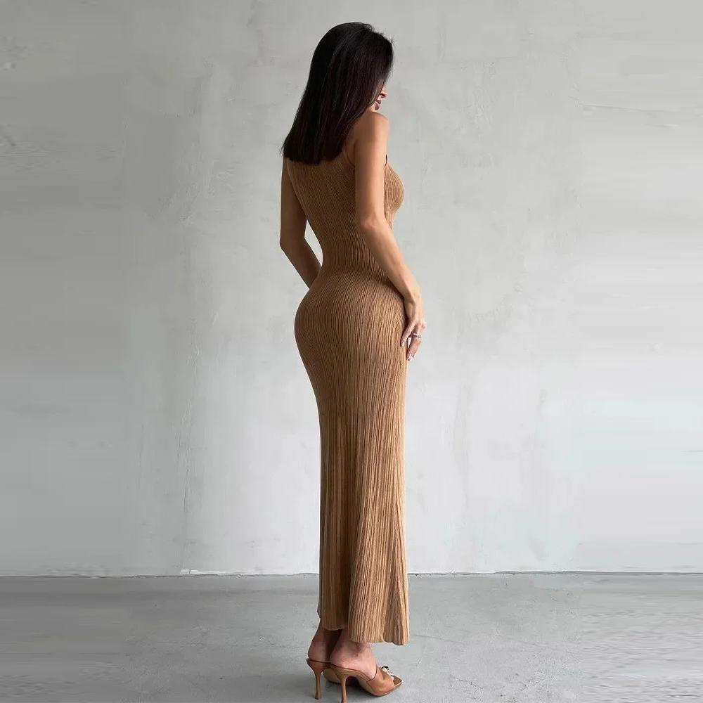 Rochie Midi Tricotată Stil Francez cu Guler Înalt Fără Mâneci Slim Fit Elegantă Primăvară Vară Noutate Rochie Modă Femei