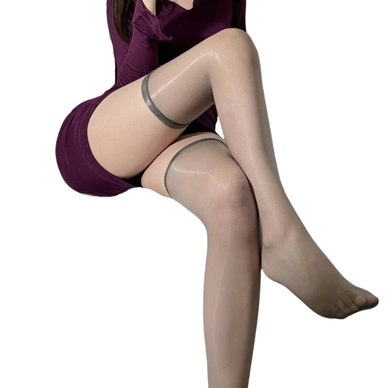 Glossy Finish Thigh High Stockings with Vintage Dots Pattern Oil Shimmery See Through Over Knee Long Socks for Women