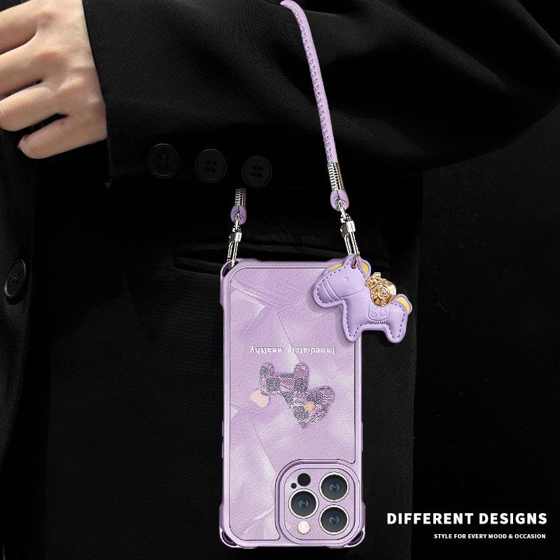 Purple pony applies to iphone17promax iPhone 13 mobile phone case 15 four-corner lanyard 16 crossbody 14 silicone