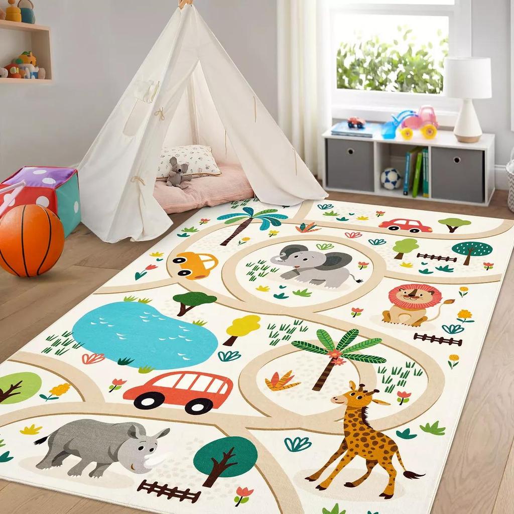 Kids Rug Colorful Animal Non-Slip Carpet for Classroom Bedroom Playroom Indoor Road Car Educational Area Rug Home Decoration