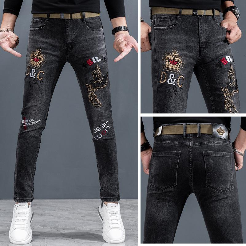 2024 Jaro A Podzim Nový Trend Džínové Elastické Výšivka Slim Rovná Trubka Vysoká Kvalita Pánské Ležérní Džínové Kalhoty