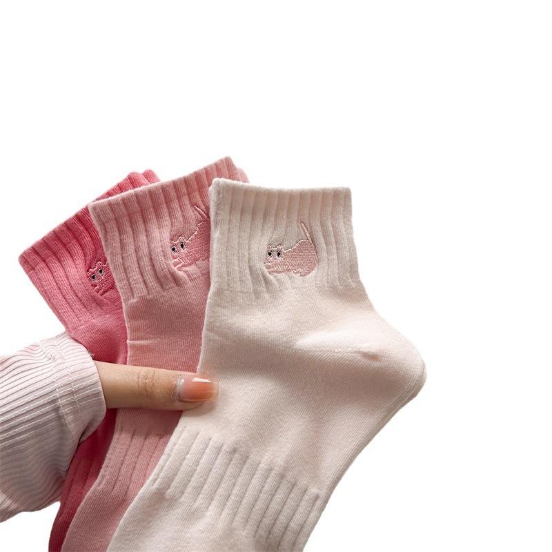 Embroidered Pink Cat Socks College Style Casual Versatile Style Pure Cotton Short Socks