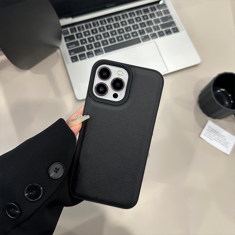 Simple Black Lychee Pattern Suitable for Apple 16 Mobile Phone Case IPhone 14 Promax Personality 11 Leather Pattern 13 High-end