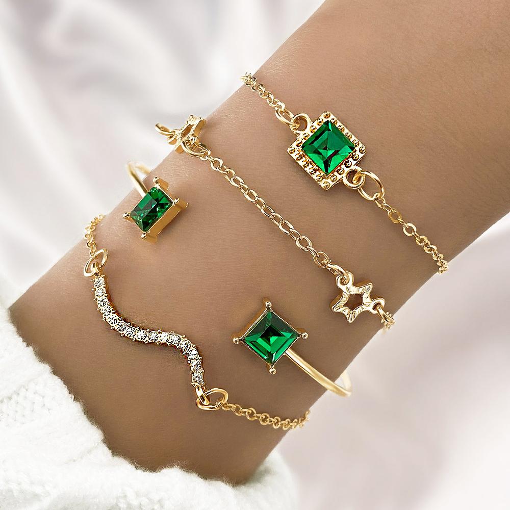 5Pcs/Set Green Shiny Charm Bracelet for Women Crystal Zircon Jewelry Adjustable Luxury Trendy Bracelet  Daily Decoration