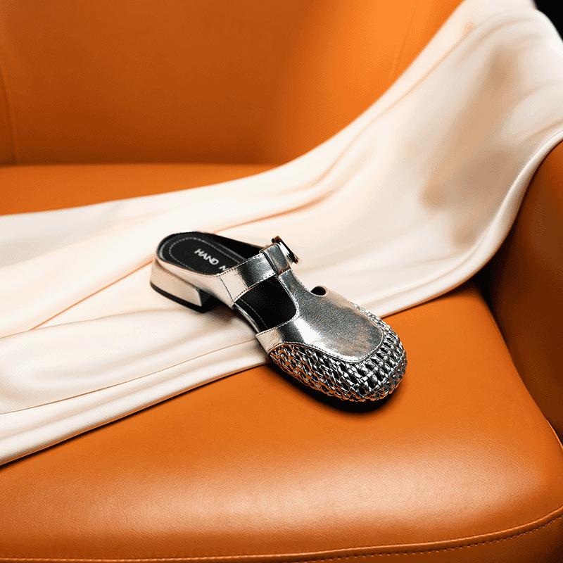 

Design sense niche woven hollow bag head cool slippers 2025 summer new wear round head thick heel muller shoes women 40 серебряный