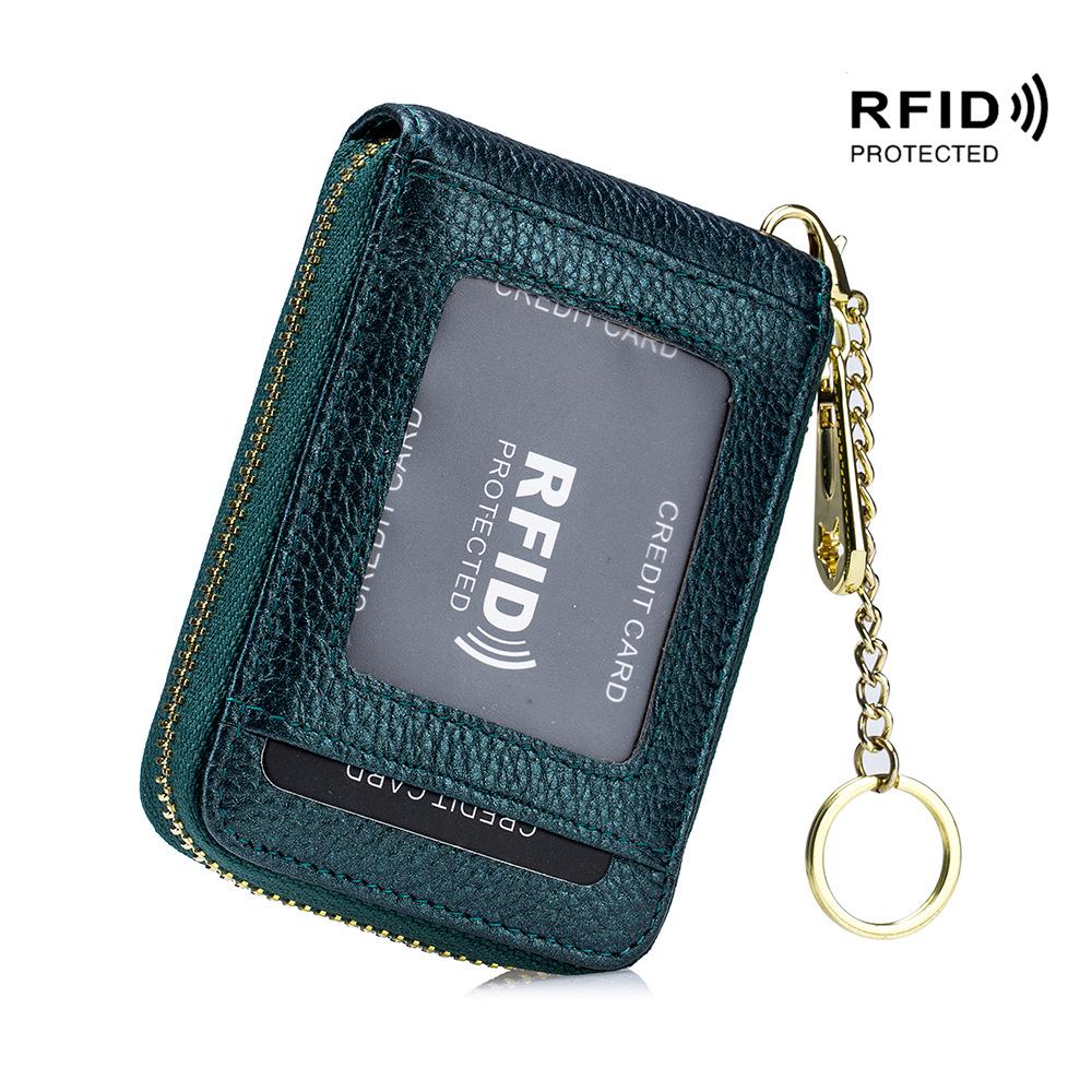 Exquisite RFID Genuine Leather Accordion Card Holder for Women and Men with Keychain