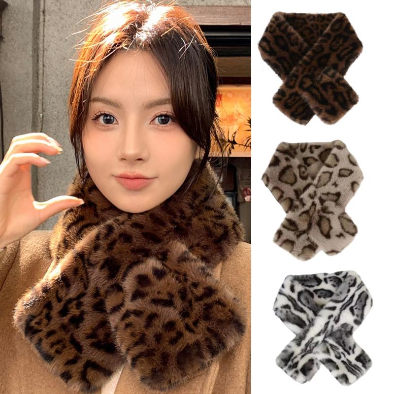 Retro Thicken Warm Leopard Print Scarf For Women Windproof Faux Fur Scarf Soft Faux Collar Cross Scarf Winter Scarf Neck Wrap