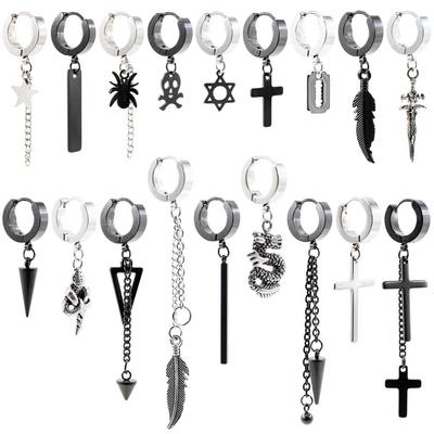 Alisouy 2PCS Edelstahl Stern Kreuz Schlange Spike Schädel Schwert Klinge Kette Feder Spinne Baumeln Frauen Männer Huggie Creolen