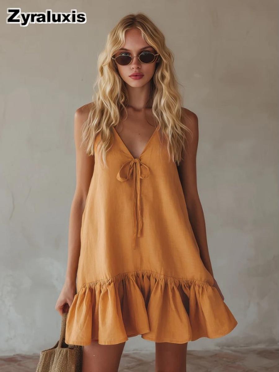 Summer New Arrival Vintage Vacation Style V-Neck Sleeveless Ruffled Loose Dress S жёлтый