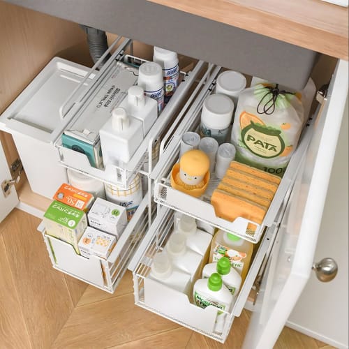 BQKOZFIN Under-Sink Storage Rack, Kitchen Storage, Sliding Drawers, 2 Tiers, 28cm Wide x 33cm Deep x 43cm High, Large Capacity, Under-Bathroom Storage