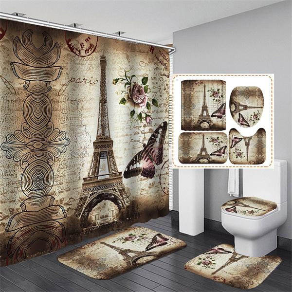 HOT 4PCS Paris Eiffel TowerWaterproof Shower Curtain Bathroom Toilet Seat Cover Mat Home Room Carpets Rugs Bath Mat
