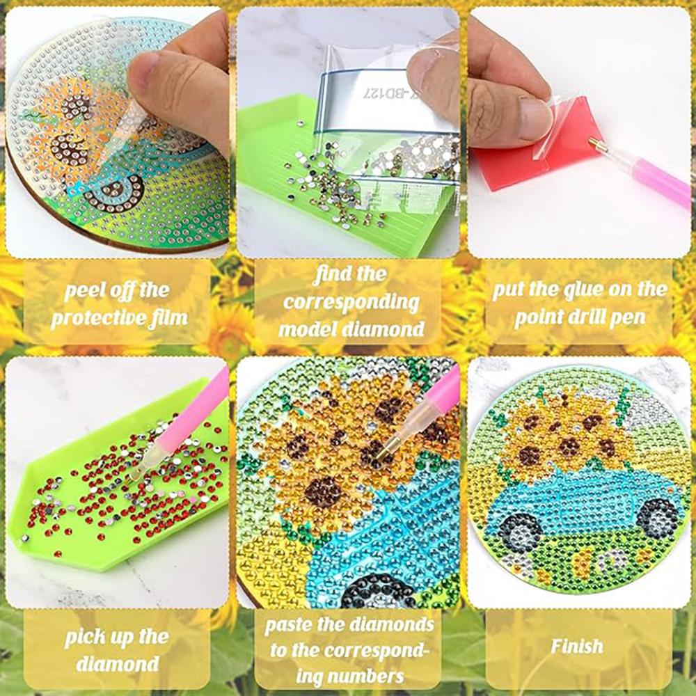 8 Pieces/set of Diamond Sunflower Patterned Coasters, DIY Coasters with Holder, Suitable for Beginners and Adults, Art and Craft Supplies Gifts