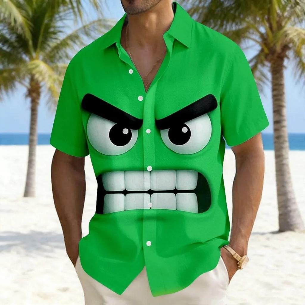 Cartoon Angry Expression Print Short Sleeve Shirt, Loose Comfortable Breathable Lapel Cardigan, Trendy Top for Vacation and Casual Wear