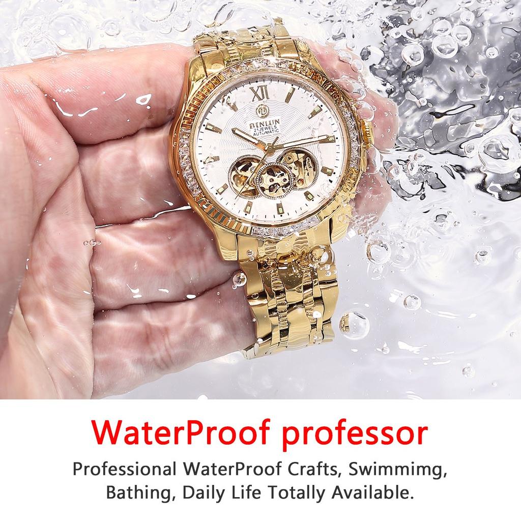 BINLUN Automatic Skeleton Mechanical Luxury Business Gift for Men Men's Watch, Gold, Double-Sided Watch, Gold, Waterproof, Watch, [Product Code]