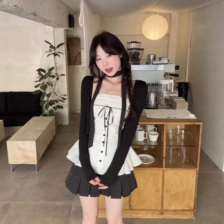 Korean Spring Lace Bow Camisole & Polka Dot Skirt Set for Women