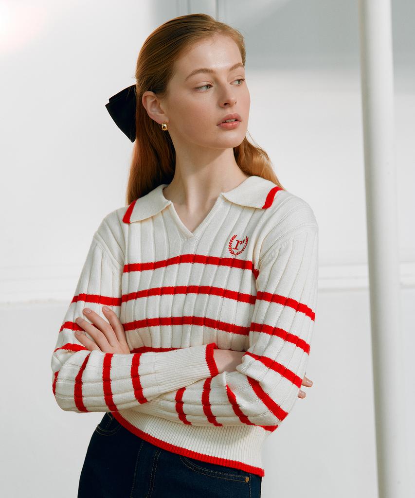 ROLAROLA V Neck Collar Stripe Kint Red
